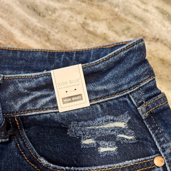 Judy Blue Dark Blue Distressed Frayed Hem Jean Shorts - Picture 4 of 5